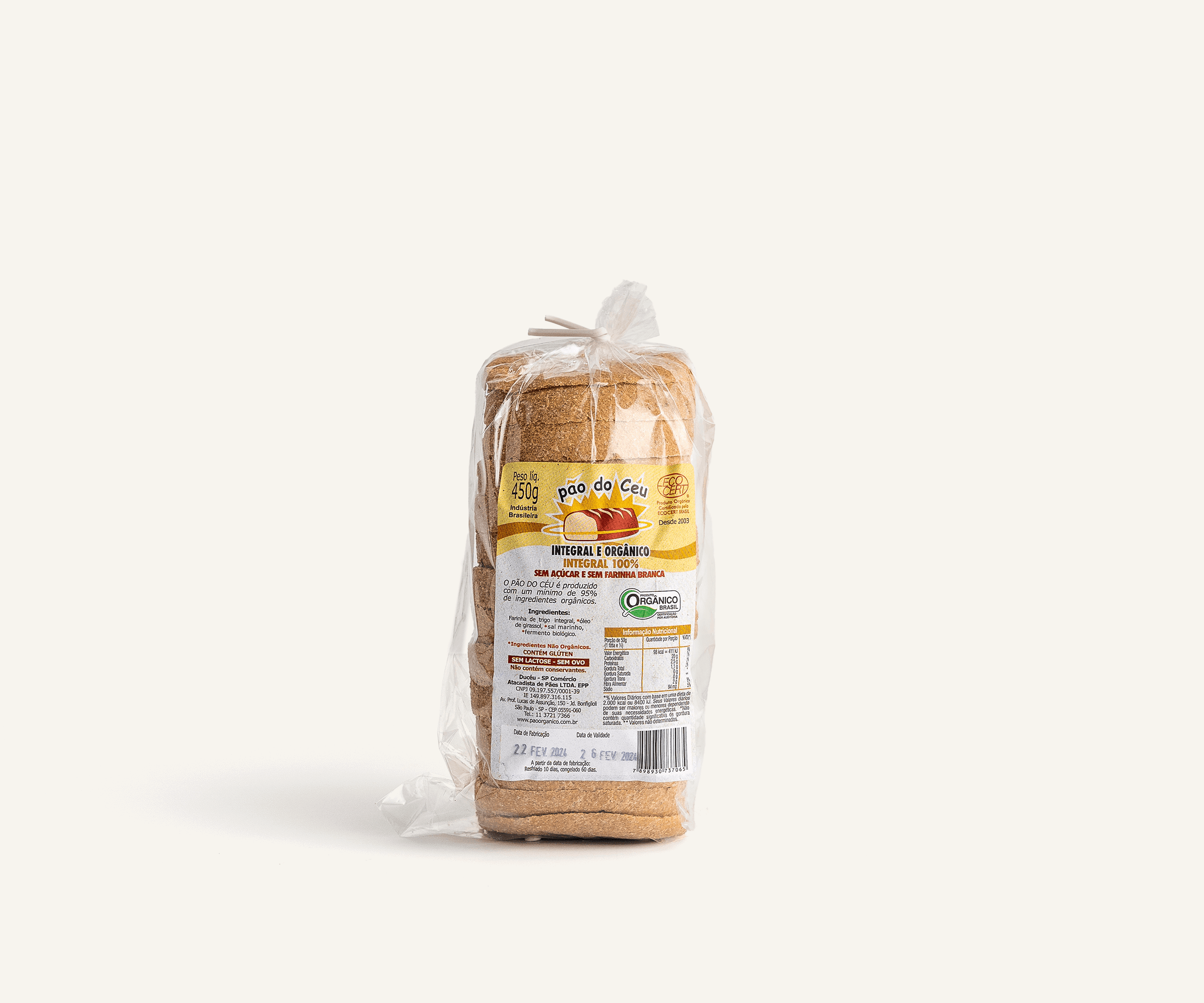 Pão 100% integral congelado 450g