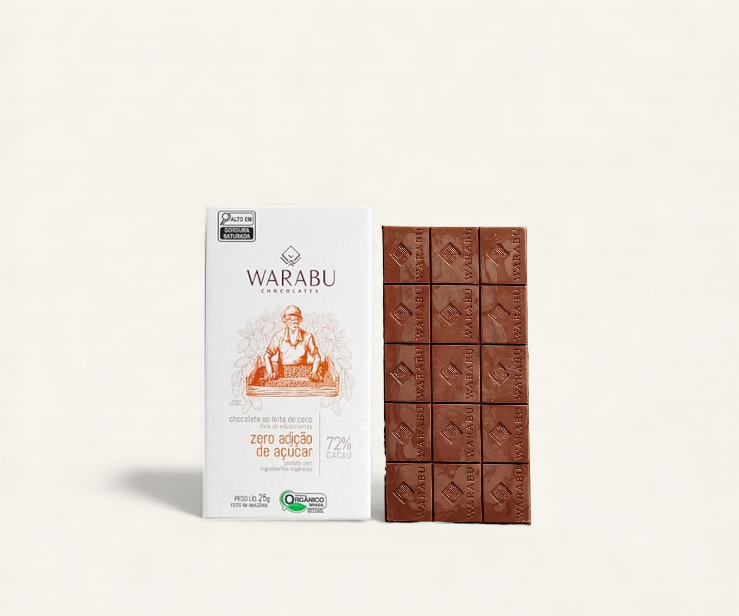 Chocolate orgânico 72% cacau ao leite de coco zero adição de açúcar Warabu 25g