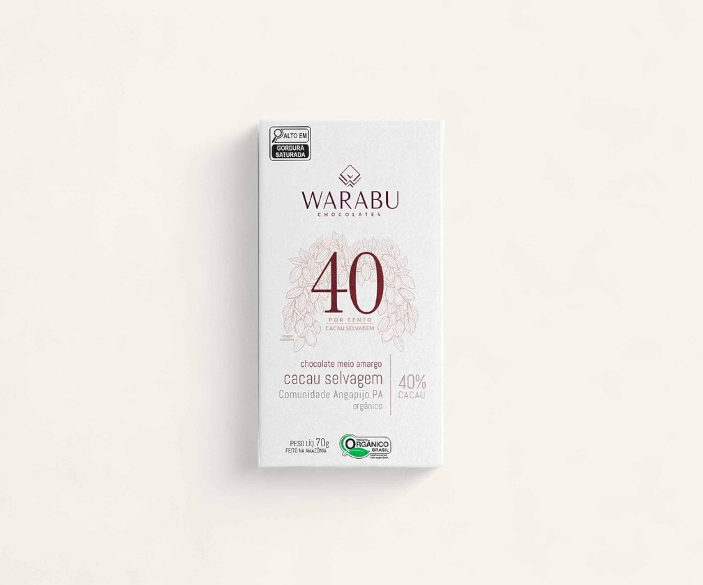Chocolate orgânico 40% cacau selvagem comunidade Angapijo-PA Warabu 70g