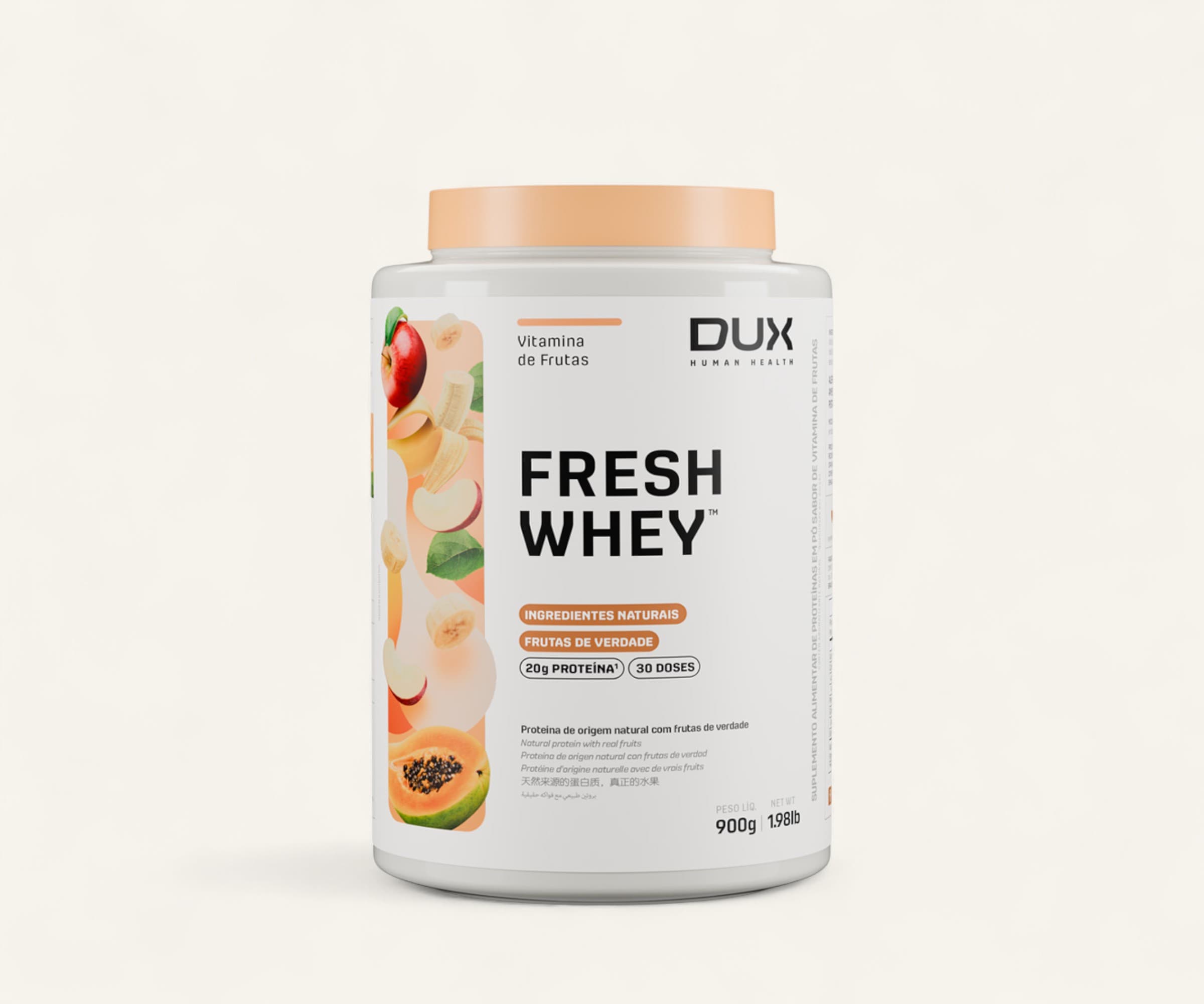 Suplemento Fresh Whey 20g de proteína Dux sabor vitamina de frutas 900g