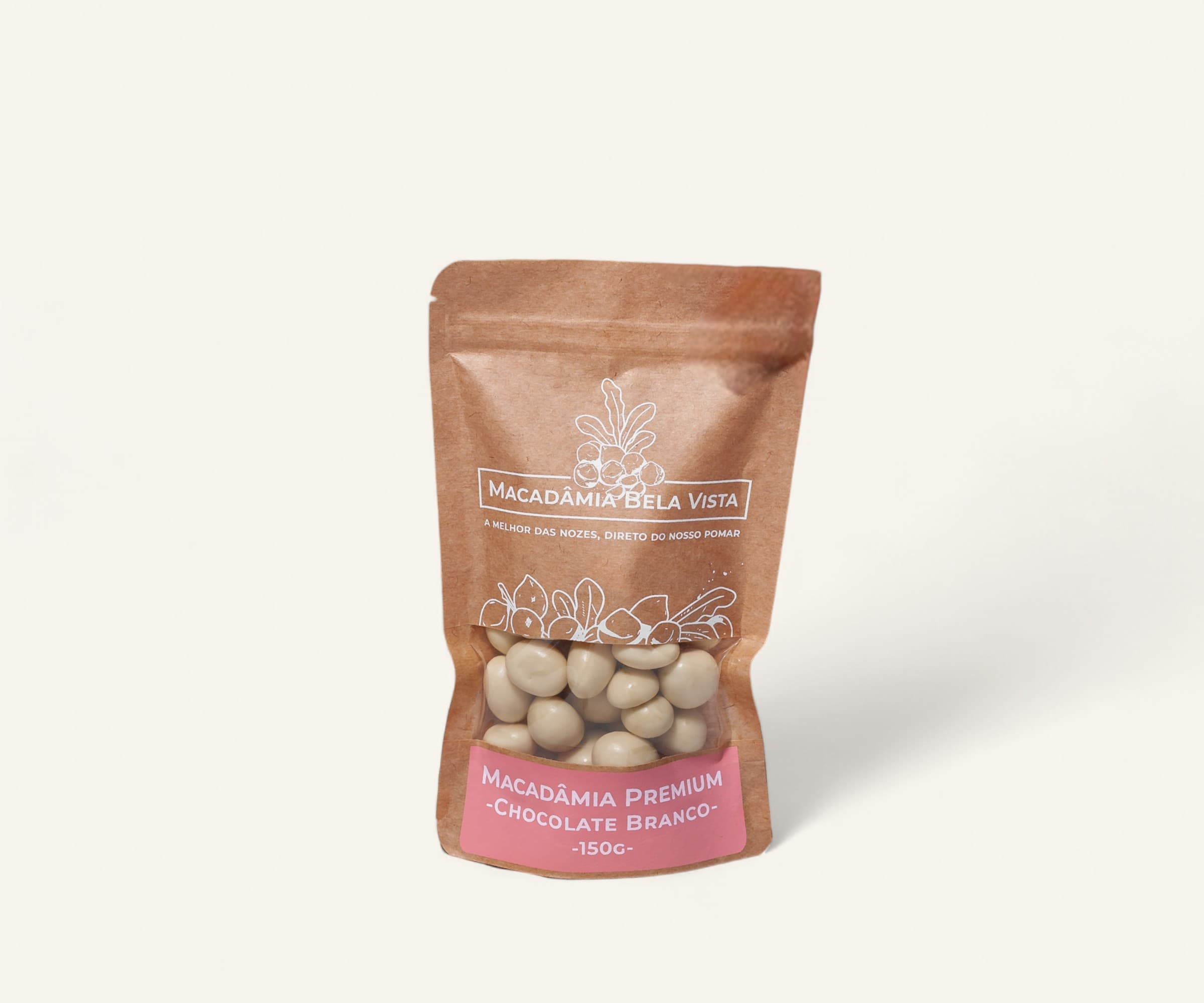 Macadâmia premium coberta com chocolate branco 150g