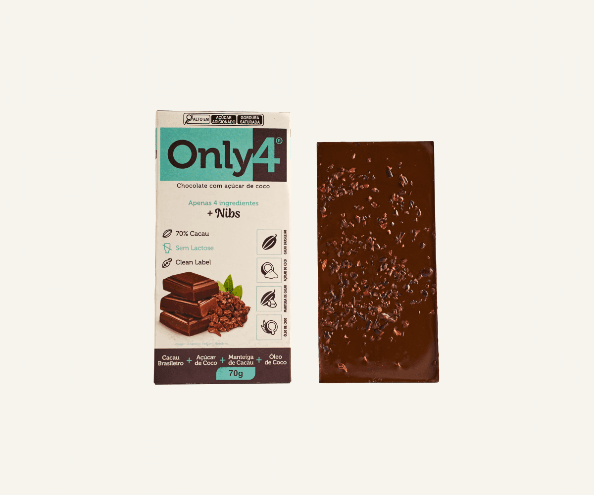 Chocolate amargo 70% com açúcar de coco e nibs 70g