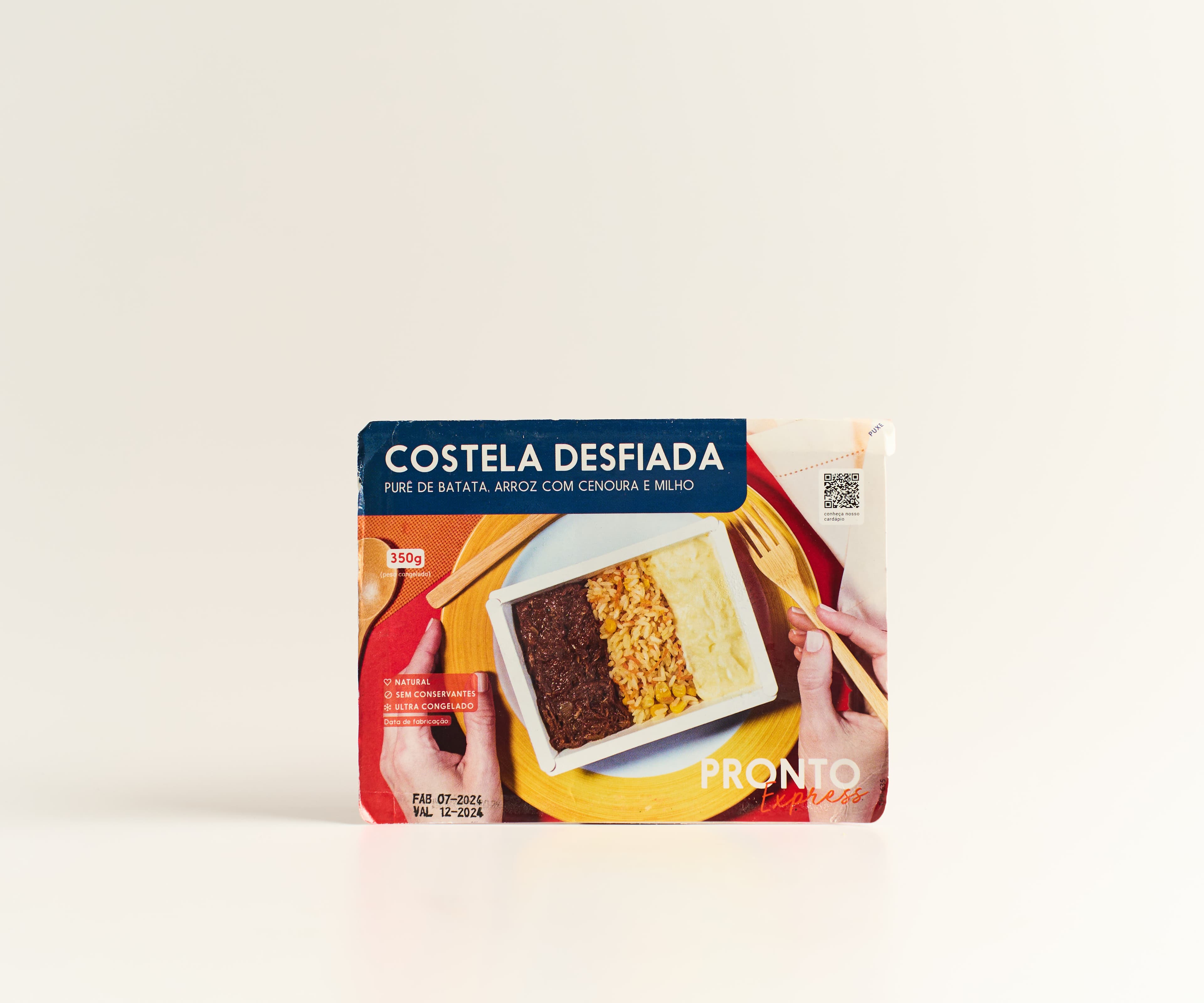 Costela desfiada, arroz com cenoura e milho e purê de batata 350g