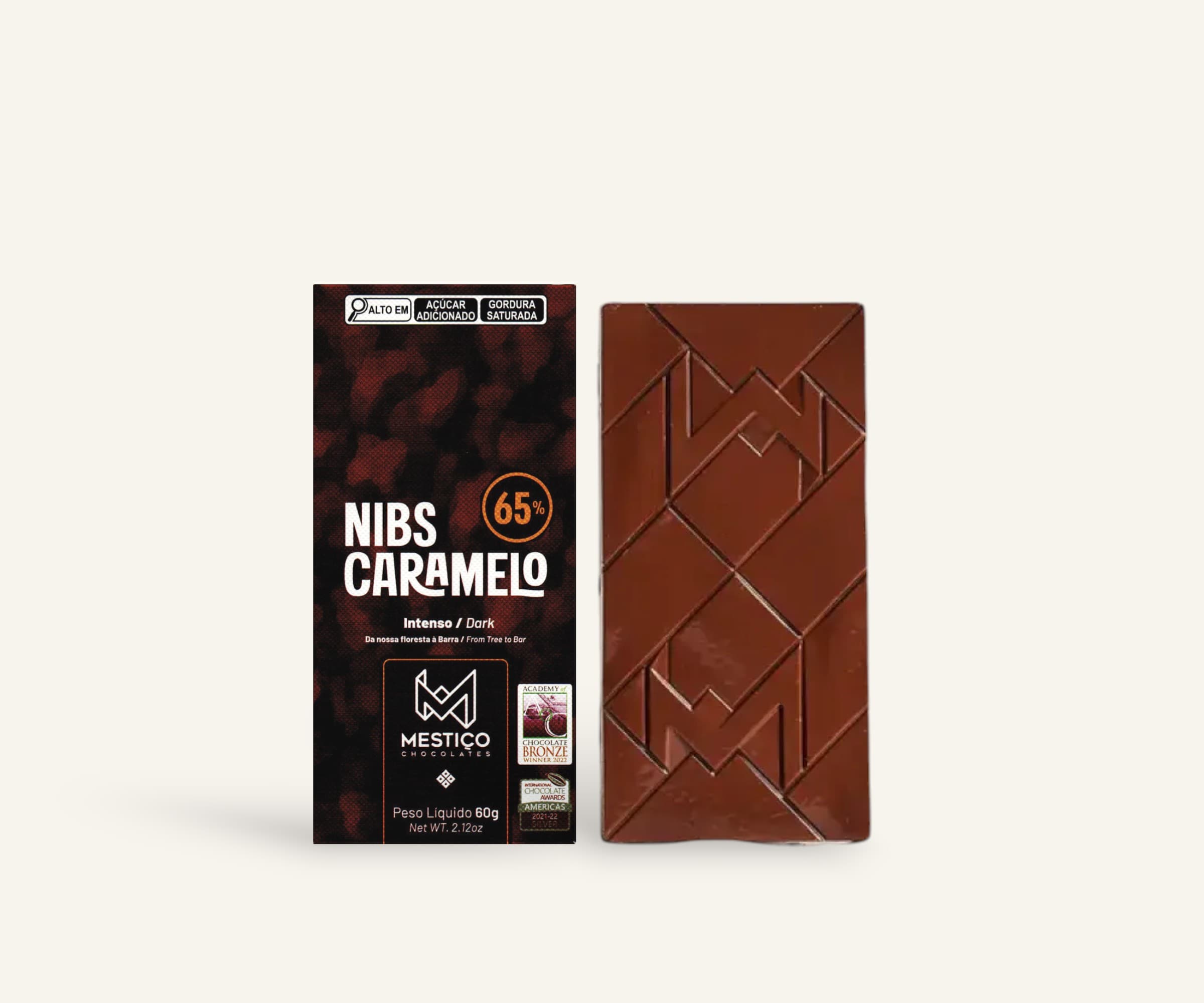 Chocolate 65% cacau com nibs de caramelo bean to bar 60g