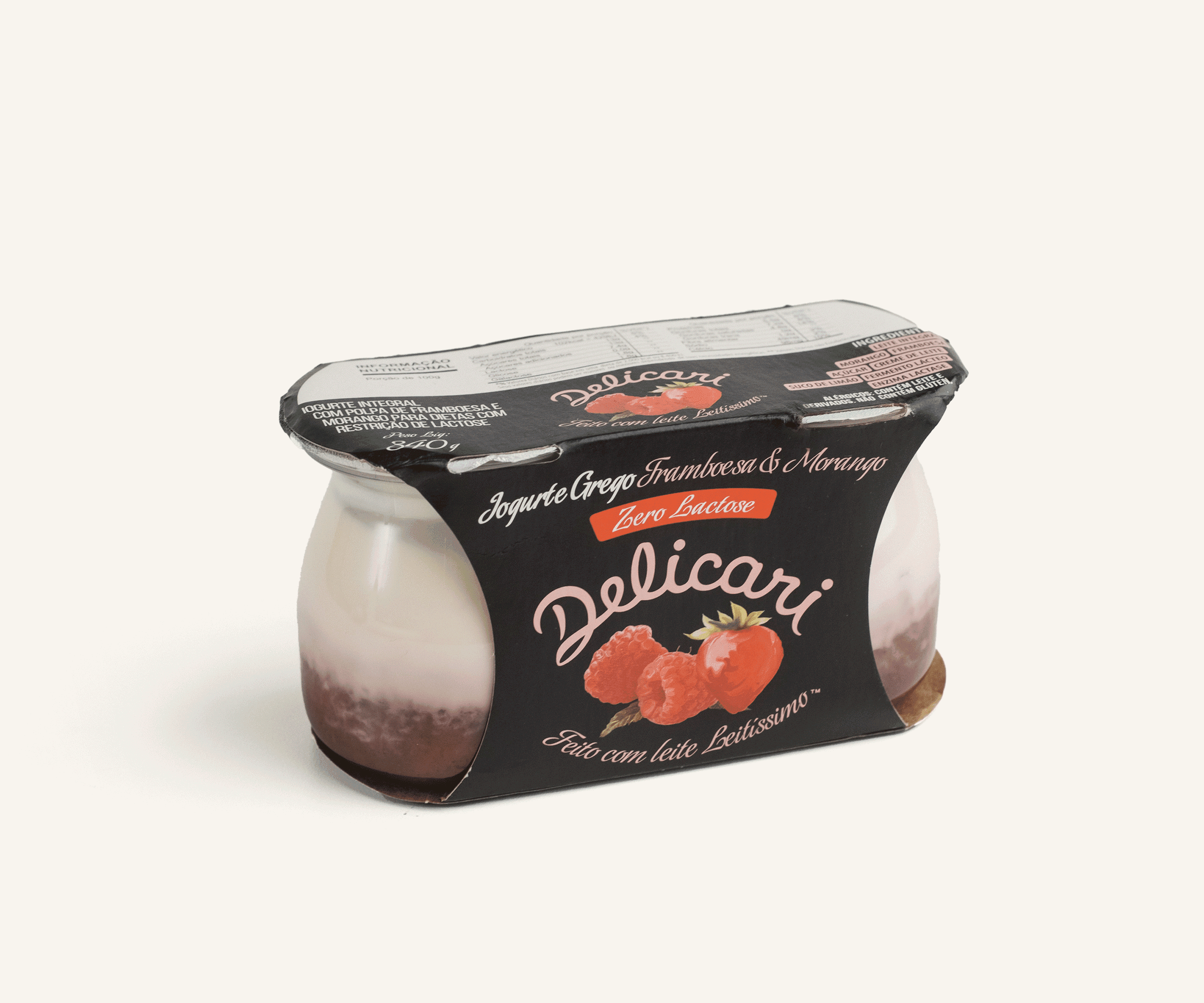 Iogurte grego zero lactose sabor morango e framboesa Delicari 340g