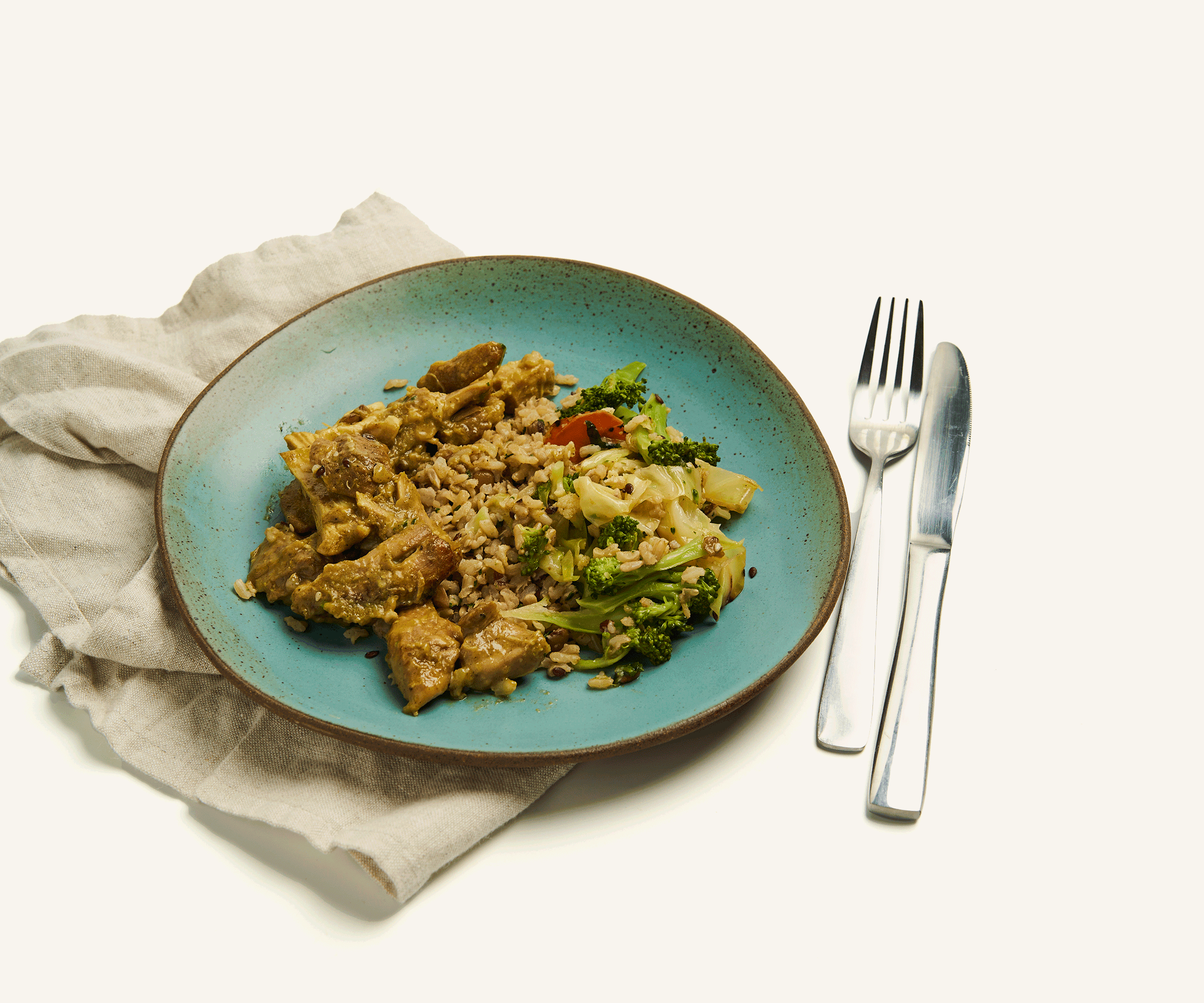 Frango ao curry, arroz 7 grãos e mix de legumes orientais 310g